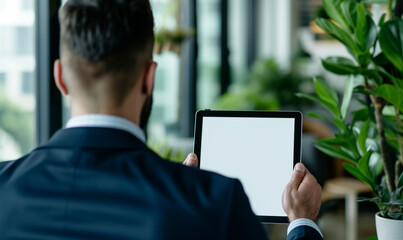 Wall Mural - close up shot of blank white screen tablet used by a businessman wearing suit, rear view of man, at the work desk, minimalism office room.