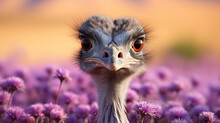 Close-up Of An Ostrich Among A Field Of Lavender.