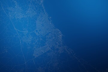 Stylized map of the streets of Sousse (Tunisia) made with white lines on abstract blue background lit by two lights. Top view. 3d render, illustration