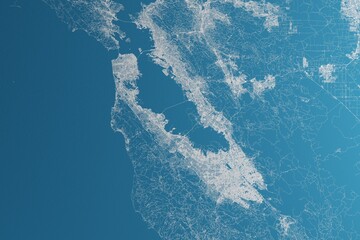 Poster - Map of the streets of Bay Area (California, USA) made with white lines on blue paper. Rough background. 3d render, illustration