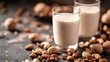 Banner with nut vegan milk in glasses. Horizontal photo with nut milk and nuts in the background with space for text. Front view.