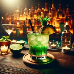 midori sour cocktail glass on wooden bar counter at night, green liqour drink, fruit juice mixed with alcohol