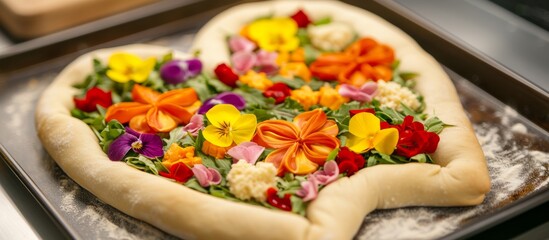 Wall Mural - Unbaked heart-shaped pizza filled with colorful vegetable flowers for Valentine's Day, close-up.