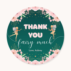 Wall Mural - Birthday favor sticker. Circle party favor card background with gold sparkling fairy silhouette and flowers on a dark green background. Vector 10 EPS.