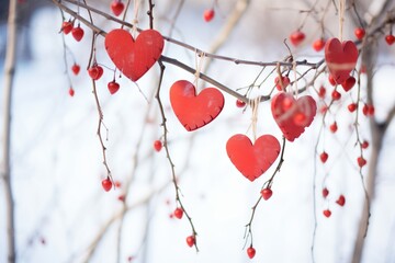 Wall Mural - red heart garland on winter branches