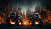 City Rhythms DJ Gear And Speakers Against A Fiery Skyline