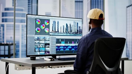 Fototapete - Video Editor Or Designer Using Editing Software Tech