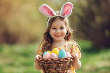 Wall Mural - A cheerful girl with rabbit ears on her head with a basket of colored eggs in her hands in Easter holiday