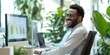 © Irina Ukrainets - Smiling businessman at work in a bright modern office space. professional working on computer. illustration of productivity. AI