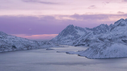 Wall Mural - norway lofoten islands snowy mountains and sea photos taken in winter