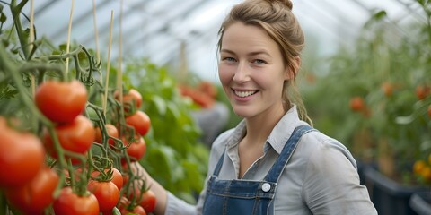 Canvas Print - Smiling woman harvesting fresh tomatoes in greenhouse. organic farming and gardening concept. eco-friendly agriculture. AI