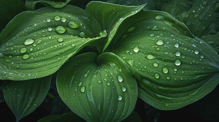 Wall Mural - hosta leaves covered in morning dew. frame the composition cinematically to capture the intricate de
