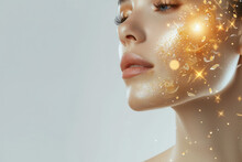 Beautiful Woman Portrait With Gold Hydrating Serum Molecules Structure On The Face