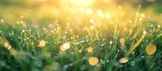 Poster - glistening rain-soaked grass in the sunlight.