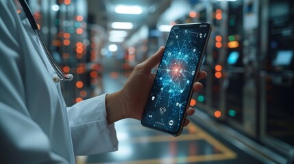 Aufkleber - Using VR medical interfaces with Internet consultation technology, Doctor using hand-held smartphone to communicate with patient online.