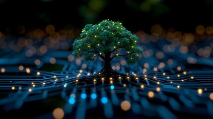 Aufkleber - A tree grows on a circuit ball with digital and technological convergence. A blue light background and wireframe network backdrop. The concepts of Green Computing, Green Technology, Green IT, CSR and