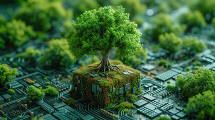Poster - Digital circuit cube with tree growing over it. Convergence of technology and digital. Blue light and wireframe network background. CSR, IT ethics, and green computing concepts.