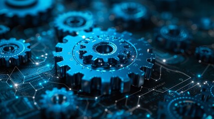 Poster - Abstract ISO standards quality control concept, assurance warranty in dark background. Rotating cogs, gear wheels, and dots. Low polygonal blue mesh with lines, dots, and shapes.