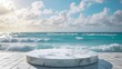 Tropical beachfront marble podium, blurred ocean horizon