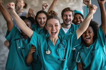 team of students wearing nurse uniform cheers for joy, medical education concept