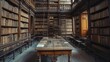 Vintage wooden library, surrounded by towering shelves of books