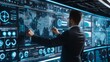 Senior executive operating a large holographic display, containing a map of the world, many graphs and tencollographic data.