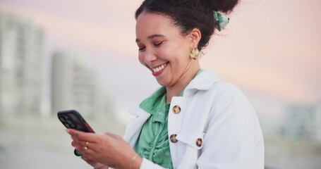 Wall Mural - Woman, phone and laughing for communication on vacation, humor and funny conversation on holiday. Happy female person, comedy and scrolling on social media at beach, online and typing on mobile app