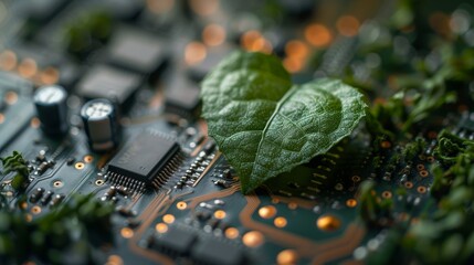 Aufkleber - A green leaf with a heart shape on an it circuit board / green computing / ethics in IT