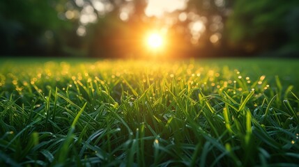 Poster - Grass field at sunrise with natural green color