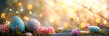 Easter Horizontal Festive Banner With Colorful Easter Eggs And Pink Flowers With Space For Text.