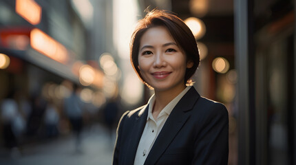 Happy pretty smiling professional business Asian woman, happy confident positive female entrepreneur standing outdoor on street, looking at camera. With space to type.