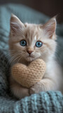 Fototapeta Koty - Kitten with a heart plush. Red tabby kitten with vibrant cyan blue eyes holding a beige heart-shaped toy. Soft knitted mint green blanket concept. In the style of a cute animal Valentine's Day card.