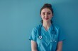 AI generated illustration of a nurse slightly smiling on a blue background