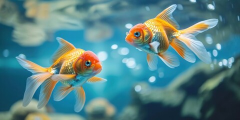 Animals gold fishes pets aquarium freshwater fish background - Two sweet cute goldfishes (cyprinidae) swimming in blue water, Generative AI 