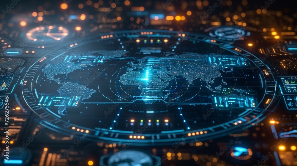 Future-oriented HUD interface with 3D world map, business data charts ...