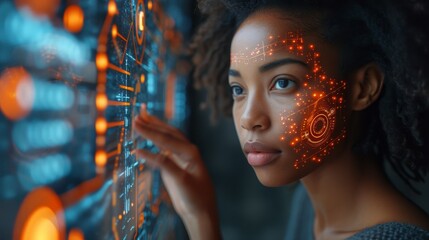 Poster - The image shows a young black woman operating a holographic screen and a global communication network concept. The image could be used as a banner ad or advertisement.