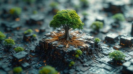 Aufkleber - A growing tree on a circuit digital cube. Digital and technology convergence. Wireframe network background with blue light. IT ethics and regulations, CSR, and green computing.