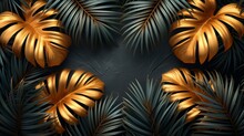 A Tropical Elegant Black And Gold Cover Template Layout Set With Foliage Background, Luxury Spa, Hotel, Card, Invitation, Salon And More