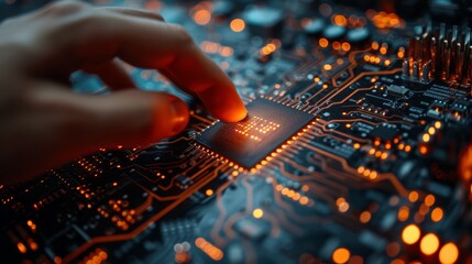 Fototapete - By hand touching a CPU icon with artificial intelligence (AI), machine deep learning, and data mining.