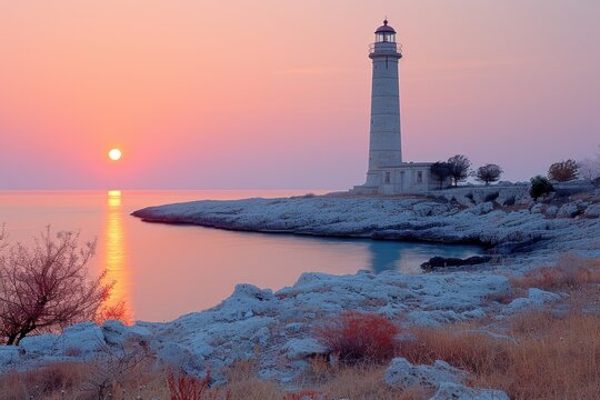sunset view with side of lighthouse looking out at sea professional photography