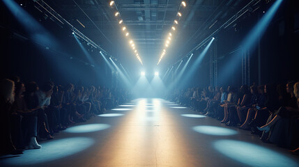 empty floodlit catwalk for a fashion show with an audience. trendy style event background