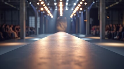 Empty floodlit catwalk for a fashion show with an audience. Trendy style event background
