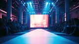Fototapeta  - Empty floodlit catwalk for a fashion show with an audience. Trendy style event background