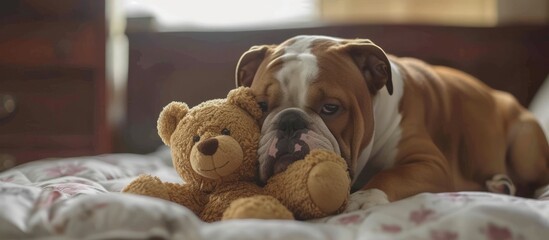 Wall Mural - In England, a young British Bulldog named Leland mounts their beloved teddy bear on the bed.