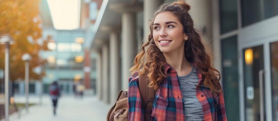 Wall Mural - Attractive intelligent student leaving class for college campus, carrying a backpack.