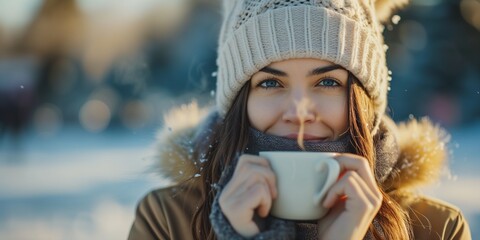 Sticker - young woman in a warm hat and jacket with cup of hot beverage