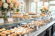 A glass bakery case filled with freshly baked cookies, cupcakes, and sweet treats, accented by floral arrangements and decorative signage.