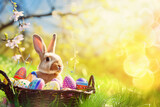 Króliczek wielkanocny z koszyczkiem wypełniony kolorowymi jajkami wielkanocnymi