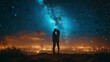 © Dushan - Lovers man and girl against background night city, night starry sky and horizon.