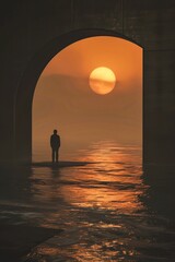 Wall Mural - As the sun sets behind a towering bridge, a lone figure stands in the tranquil water, gazing upwards at the fiery sky, silhouetted against the arching architecture and grounded by the reflective surf